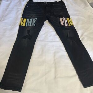Homme + Femme mens Black Jeans with Colorful Lettering size 38